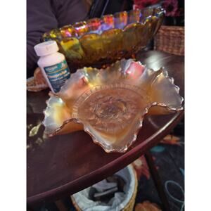 Vintage Marigold Carnival Glass Ruffled Bowl Dugan Windflower Iridescent